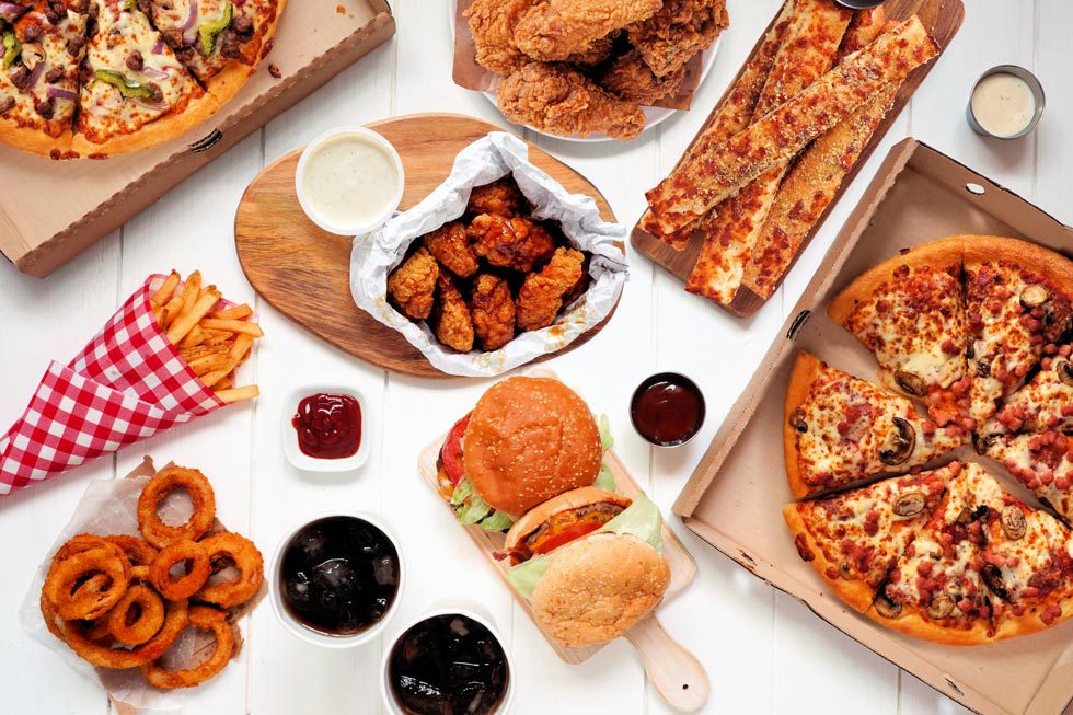 Pizza, hamburgers, fried chicken and sides.